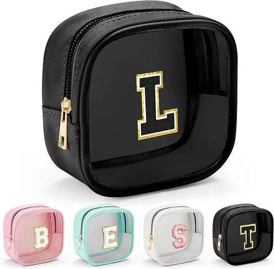 YOOLIFE Initial Makeup Bag Travel Toiletry Bag, Clear Makeup Bag Car Accessories For Women Clear Makeup Bags With Zipper Girlfriend Teacher 13 Year Old Girl Gifts Daughter Girl Gifts Mini Black L-VivaGrace Women
