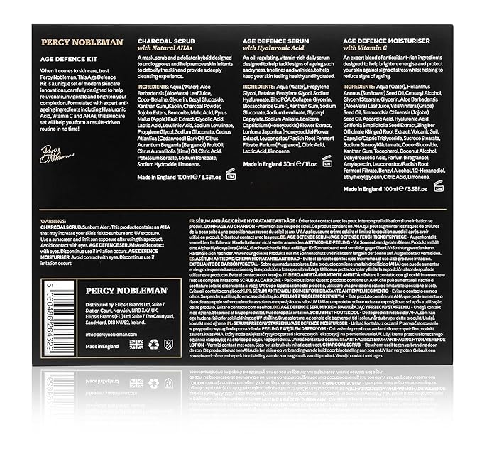 Percy Nobleman Age Defence Kit, a men's skincare set containing Charcoal Face Scrub (with Natural AHAs), ultra-hydrating Facial Serum (with Hyaluronic Acid), and Moisturiser (with Vitamin C)-VivaGrace Women