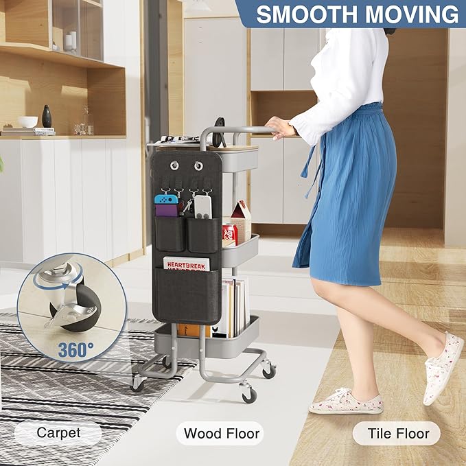 DTK 3 Tier Metal Utility Rolling Cart with Table Top and Side Bags, Tray Storage Organizer Wheels, Art Craft 4 Hooks for Kitchen Bathroom Office Living Room(Grey)-VivaGrace Women