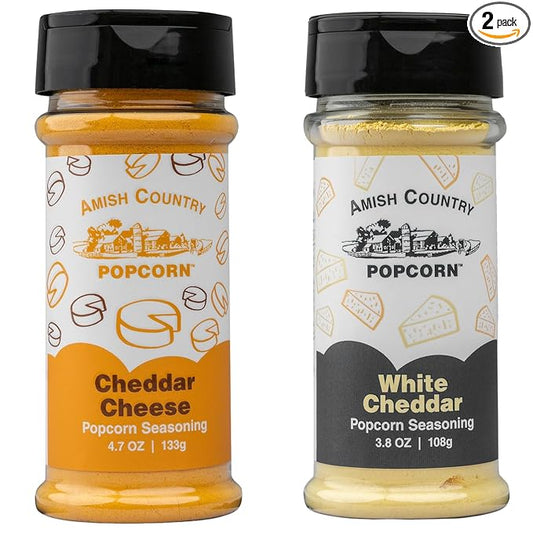 Amish Country Popcorn | Seasoning Variety Pack | Cheddar Cheese - 4.7 oz and White Cheddar Cheese - 3.8 oz Popcorn Seasoning | Old Fashioned, Non-GMO and Gluten Free