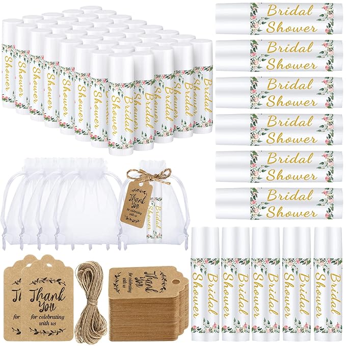 Demissle 50 Pcs Bridal Shower Lip Balm Gift Set with 100 Pcs Organza Bags Thank You Tags 20 Meters Rope wedding Party Favor for Guest Favors Gift Party Decoration Souvenirs(Floral)-VivaGrace Women