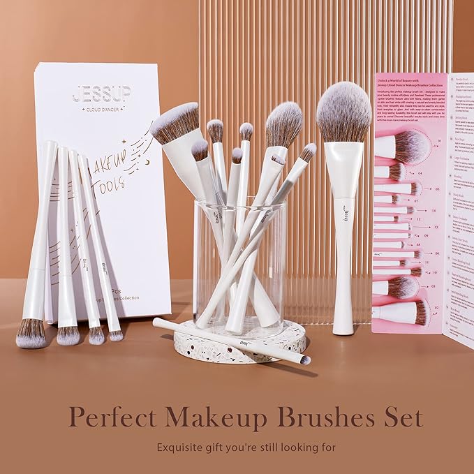 Jessup Makeup Brushes Set 14pcs Make up Brushes Premium Synthetic Foundation Concealer Blush Contour Powder Eye Shadow Blending Brush, Pearl White T343-VivaGrace Women