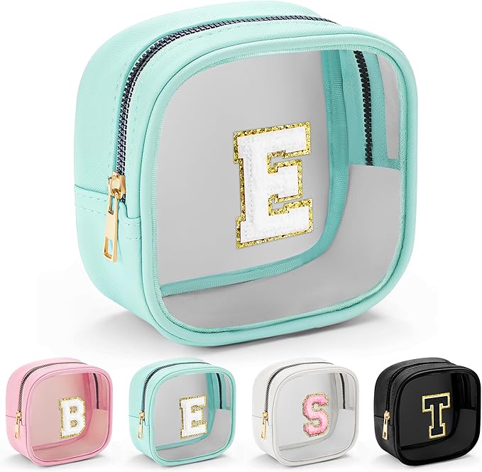 YOOLIFE Initial Make Up Bag Travel Toiletry Bag, Clear Makeup Bag Preppy Cosmetic Bags Organizer Travel Essentials Gifts for Women Teen Girlfriend Teacher Mom Birthday Mothers Day Gifts Blue E-VivaGrace Women