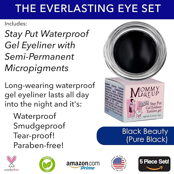 The Everlasting Eye 5 Piece Waterproof Makeup Set. Gel Eyeliner, Creme Eyeshadow, 2 brushes and Mesh Bag. Paraben-free, Talc-free, Cruelty-free. Anna/Black Beauty 1201-VivaGrace Women