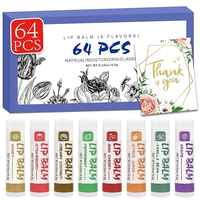 64 Pack Lip Balm, Natural Lip Balm Bulk with Vitamin E and Coconut Oil, Moisturizing Soothing Chapped Lips-8 Flavors-VivaGrace Women