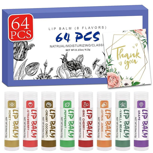 64 Pack Lip Balm, Natural Lip Balm Bulk with Vitamin E and Coconut Oil, Moisturizing Soothing Chapped Lips-8 Flavors-VivaGrace Women