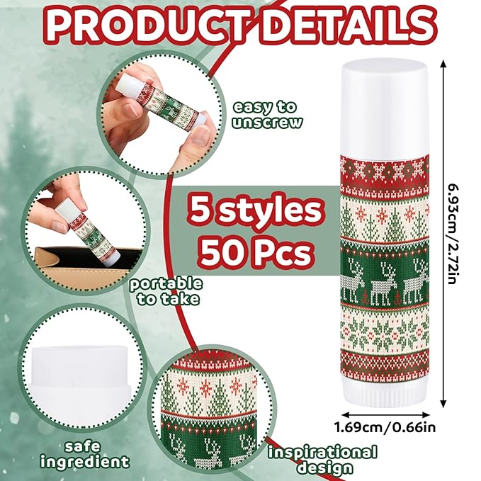 Dunzy 50 Pcs Lip Balm in Bulk Christmas Gift Set Moisturizing Lip Ugly Sweater Baby Shower Party Favor Supplies with Assorted Fruit Flavors for Women Men Dry Chapped Lips Holiday Gift Prize-VivaGrace Women