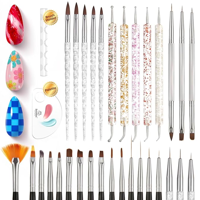 Beetles 31pcs Nail Art Brushes, Dotting Tools, Nail Art Pens, Dust Brush, Striping Liner Fingernail Drawing Pens with Palette Holder All in One for Starter Manicure Design Set-VivaGrace Women