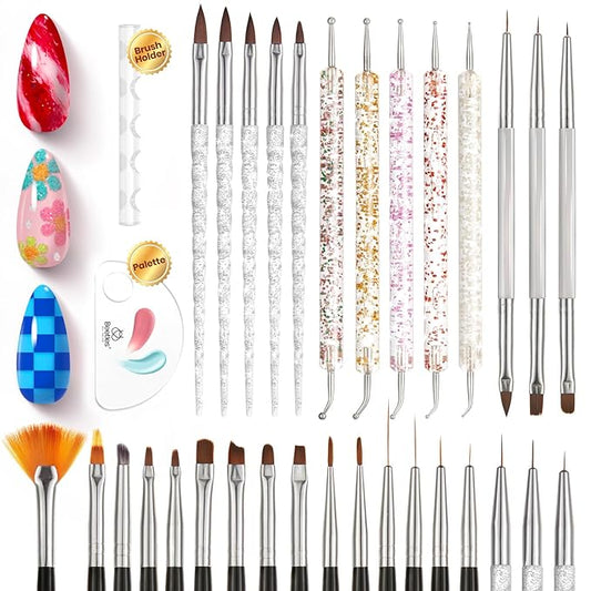 Beetles 31pcs Nail Art Brushes, Dotting Tools, Nail Art Pens, Dust Brush, Striping Liner Fingernail Drawing Pens with Palette Holder All in One for Starter Manicure Design Set-VivaGrace Women