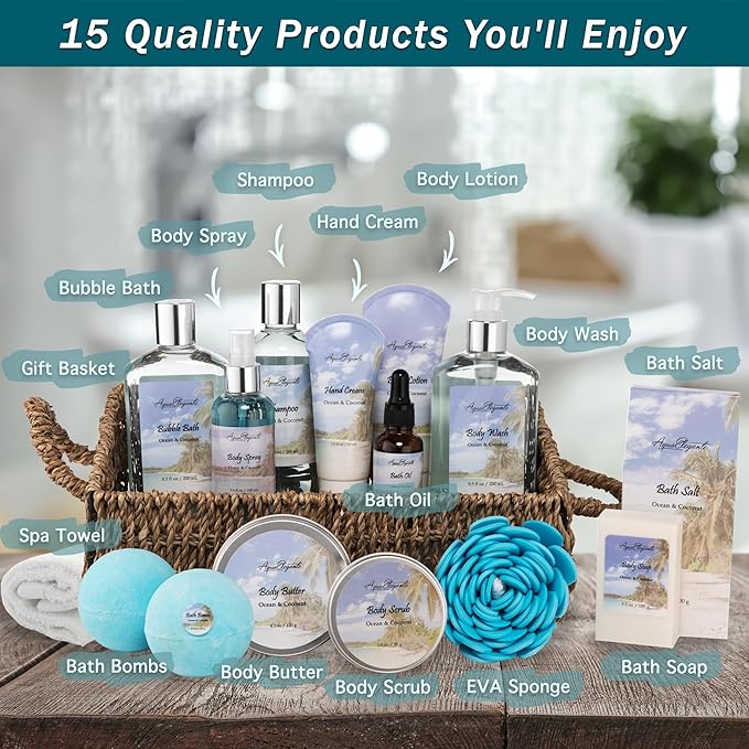 Bath Spa Gift Sets - Luxury Basket With Ocean & Coconut - Spa Kit Includes Wash, Bubble Bath, Lotion, Bath Salts, Body Scrub, Shower Puff, Bathbombs, Soap and Towel-VivaGrace Women