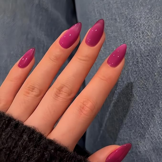 KQueenest Cat Eye Violet Pink Press on Nails Almond Shape, Glitter Fake Nails Medium, Thick Sparkly Glass Nails Press on, Shiny Acrylic Nails, Cute Bling Stick on Nails for Women, 30 Pcs