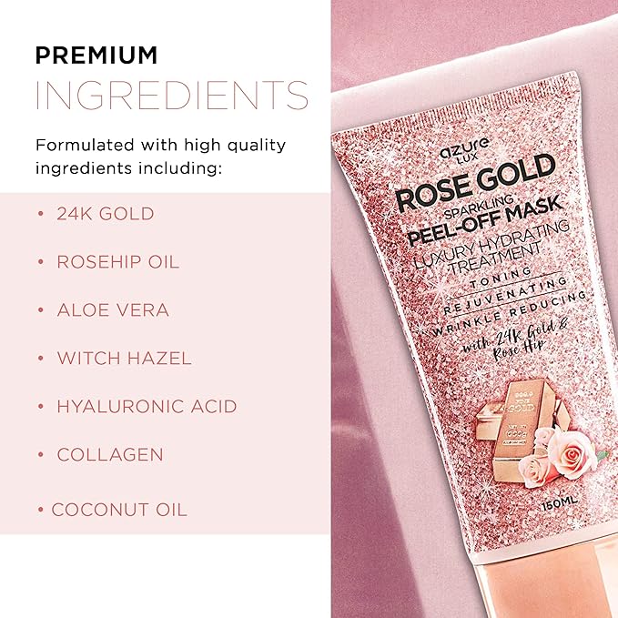 Azure Cosmetics Rose Gold Sparkling Peel-Off Face Mask – Luxury Hydrating & Firming Skincare with 24K Gold & Rose Hip Oil – Helps Reduce Fine Lines, Tone Skin & Improve Texture – 150 ml-VivaGrace Women