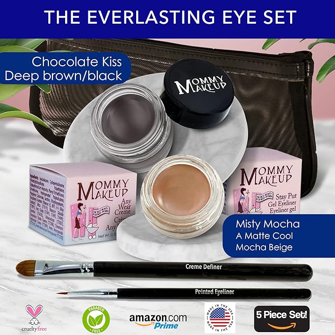 The Everlasting Eye 5 Piece Waterproof Makeup Set. Gel Eyeliner, Creme Eyeshadow, 2 brushes and Mesh Bag. Paraben-free, Talc-free, Cruelty-free. Misty Mocha/Chocolate Kiss 1802-VivaGrace Women