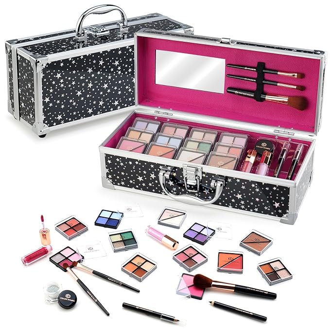 Color Nymph Beginners Makeup Kit With Train Case For Teenagers Girls, Full Starter Cosmetics Set Included 32 Colors Eyeshadow, Glitter Cream, Blush, Highlighter, Lip Gloss and Brush (Black)-VivaGrace Women