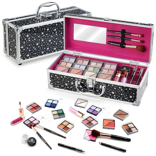 Color Nymph Beginners Makeup Kit With Train Case For Teenagers Girls, Full Starter Cosmetics Set Included 32 Colors Eyeshadow, Glitter Cream, Blush, Highlighter, Lip Gloss and Brush (Black)-VivaGrace Women