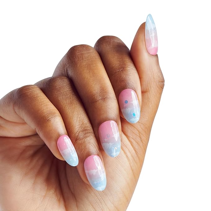 WICKED X imPRESS Design Press On Nails , The EASIEST NO GLUE Mani, Super Hold Adhesive, ‘Destined To’, Pink/Sky Blue, Medium Oval, Includes 30 Fake Nails, 1 Prep Pad, 1 Manicure Stick, 1 Mini File