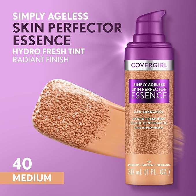 Covergirl Simply Ageless Skin Perfector Essence Foundation, 40 Medium, Tinted Skin Perfector, Skincare Makeup Hybrid, Sheer Tint, Radiant Finish, Skin-Like Finish, Vegan Formula, 1.0oz-VivaGrace Women