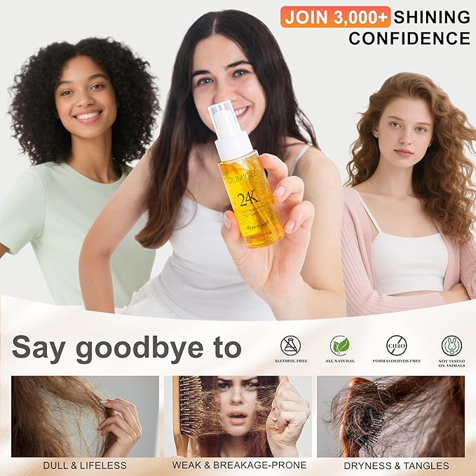 24K Gold Hair Oil, Repair Shine Serum with Coconut, Argan & Olive Oils - Heat Protectant and Frizz Control - Vegan, Lightweight Leave-In Treatment for Dry Damaged Hair (2.02 Fl Oz (Pack of 1))-VivaGrace Women