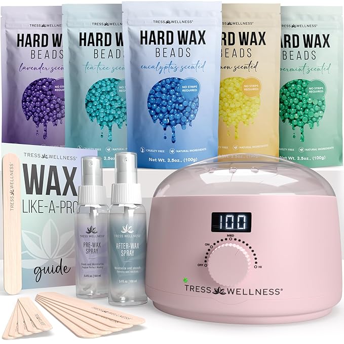 Tress Wellness Waxing Kit for Sensitive Skin – Safe for Face & Skin, Prep & Aftercare Spray, Easy to Use – At-Home Kit for Face, Bikini, Brazilian & Full Body - Digital Display, Pink-VivaGrace Women
