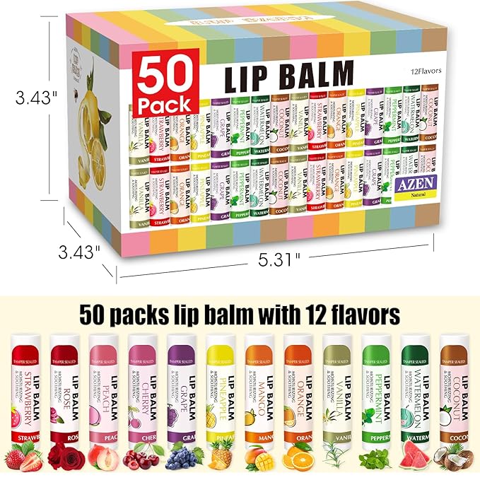 AZEN 50 Pack Lip Balm, Natural Lip Balm Bulk, Lip Care Product, Moisturizing Lip Balm for dry cracked lips-VivaGrace Women
