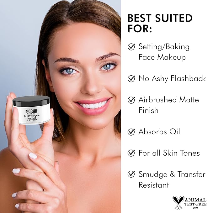 Sacha BUTTERCUP No Color Setting Powder Makeup 1.75 Oz. Translucent Setting Powder for Oily Skin Finishing Powder Loose Powder Makeup Blurring Powder Blurs Fine Lines and Pores For All Skin Tones-VivaGrace Women