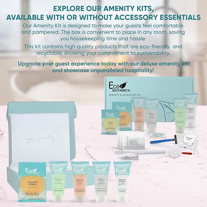 Eco Botanics Amenity & Accessory Kit | 0.85 oz Travel Size Shampoo, Conditioner, Lotion, Body Wash, Soap Bar, Shave & Dental Sets, Make-Up Remover Wipes, & Vanity Kit | 60 sets per case-VivaGrace Women