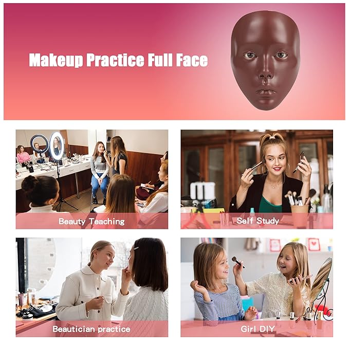 Makeup Practice Mannequin Face, 5d Reusable Silicone Makeup Practice Board Full Face with Makeup Brushes Sponge Set and Eyeshadow Board Makeup Kit for Emerging Makeup Artist, Girl's Gift-VivaGrace Women