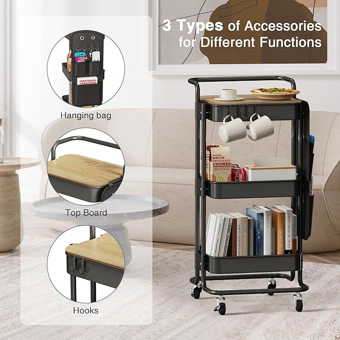 DTK 3 Tier Metal Utility Rolling Cart with Table Top and Side Bags, Tray Storage Organizer Wheels, Art Craft 4 Hooks for Kitchen Bathroom Office Living Room (Black)-VivaGrace Women