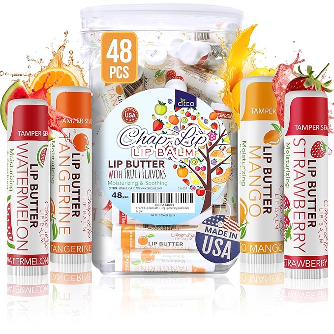 CHAP-LIP Original Lip Balm Hydrating Bulk Chap Stick with Fruit Flavors, Coconut Oil, and Cocoa Butter - Lip Therapy Pack for Men and Women - Gift Set Made in the USA, 48 Pack-VivaGrace Women