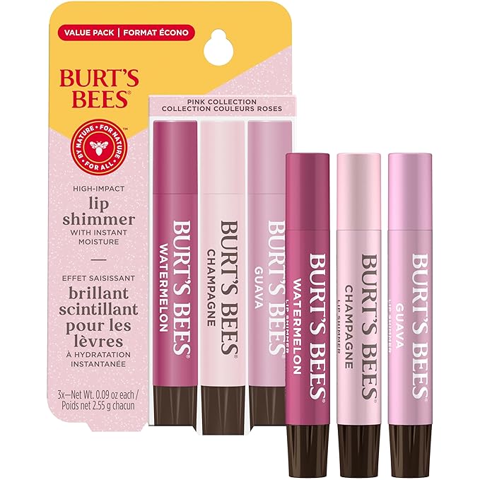 Burt's Bees Lip Shimmer Pink Collection, Tinted Lip Balm Stick, Moisturizing for All Day Hydration with Natural Glowy Pigmented Finish & Buildable Color, 3 Shades; Value Pack, 3 Tubes x 0.09 Oz-VivaGrace Women