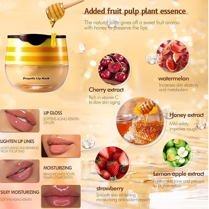 4Pcs Honey Lip Balm Honey Pot Strawberry & Propolis Balm Honey Lip Mask Hydrate Moisturizing Repair Prevent Lip Care Moisturizing Lip Balm Set-VivaGrace Women