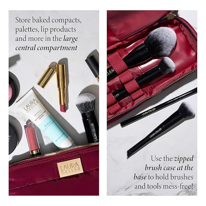 LAURA GELLER NEW YORK Quilted Makeup Bag with Brush Case, Burgundy - Toiletry Bag Organizer for Travel - Large Capacity Full Size Makeup Bag - Easy to Clean-VivaGrace Women