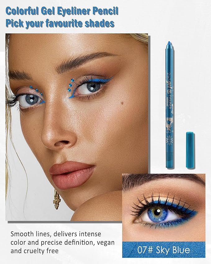 Sky Blue Eyeliner Pencil Gel, Sharpenable Multi-Use Colorful Eyeliner Waterline Waterproof Smudge-Proof Long Stay, High Pigmented Shimmer Cream Eye Liner Pen with Sharpener, Safe for Sensitive Eyes-07