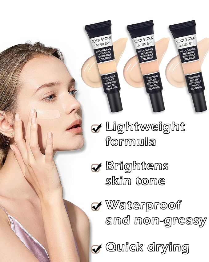2 PCS Under Eye Concealer Full Coverage, Waterproof Color Correcting Concealer All Day Coverage Dark Circles, Puffiness, Redness, Lightweight Cream Foundation Brightener, Natural Matte Finish, Medium-VivaGrace Women