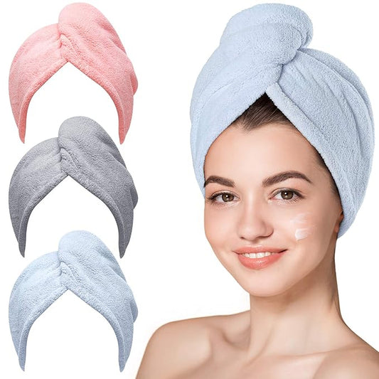 Hicober Microfiber Hair Towel, 3 Packs Hair Turbans for Wet Hair, Drying Hair Wrap Towels for Curly Hair Women Anti Frizz (Blue,Grey,Pink)-VivaGrace Women