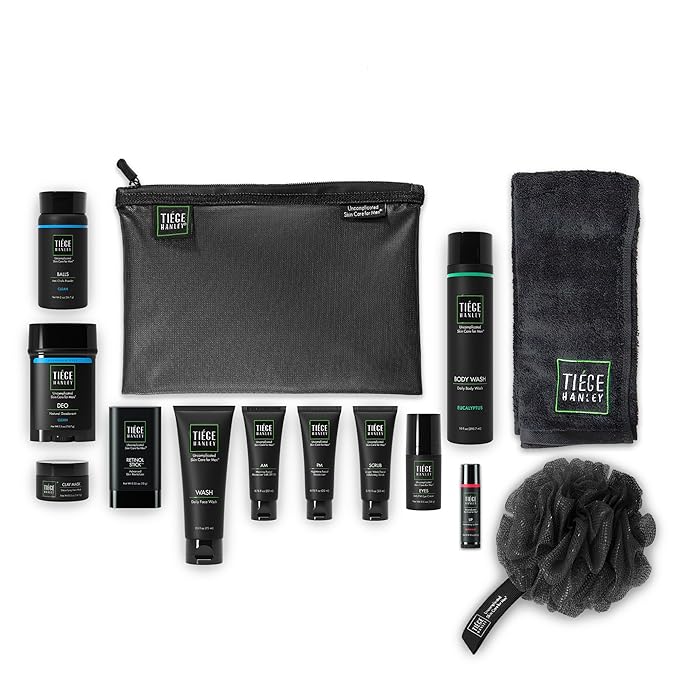 Tiege Hanley Mens Skin Care Gift Box Set, Platinum - Men's Skincare Set Includes Face Wash, AM & PM Moisturizer, Scrub, Eye Cream, Clay Mask, Retinol Stick, Body Wash, Deodorant, Lip Balm-VivaGrace Women