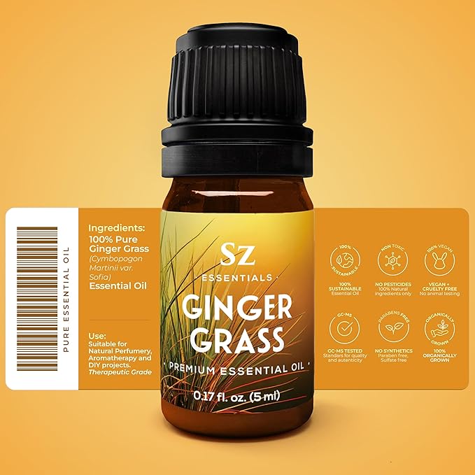 – Ginger Grass Essential Oil – 100% Pure & Undiluted (Cymbopogon martinii VAR. Sofia)– Fresh Citrusy Earthy Aroma – Aromatherapy, Perfumery, Skin Care – Therapeutic Grade - 1/6 oz. 5 mL-VivaGrace Women