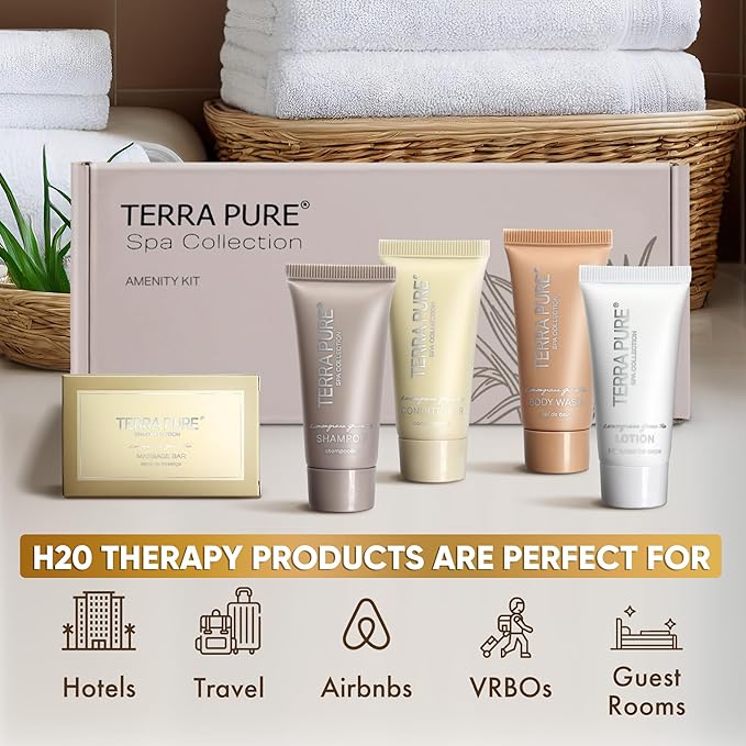 Terra Pure Spa Collection Amenity Kit | Hotel Toiletries | Bulk Set 0.85 oz Travel Size Shampoo,Conditioner, Lotion, Body Wash & Massage Bar for Guest Hospitality AirBnB/Vacation Rentals |1 set/ case-VivaGrace Women