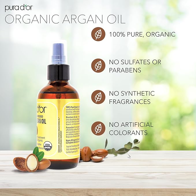 PURA D'OR 4 Oz ORGANIC Moroccan Argan Oil - USDA Certified 100% Pure & Cold Pressed Virgin Premium Grade Natural Moisturizer Treatment For Dry, Damaged Skin, Hair, Face, Body & Scalp - Men & Women-VivaGrace Women