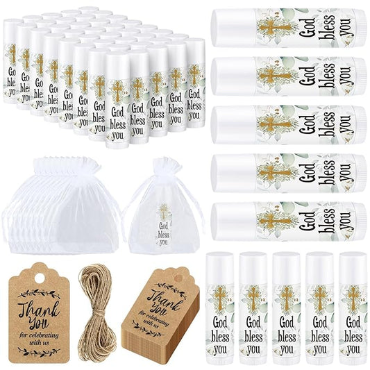 Demissle 50 Pcs Baby Shower Lip Balm Gift Set with 100 Pcs Organza Bags Baby Shower Party Favor for Guest Thank You Tag Rope Baby Shower Party Decoration Gender Reveal Souvenirs (God Bless You)-VivaGrace Women