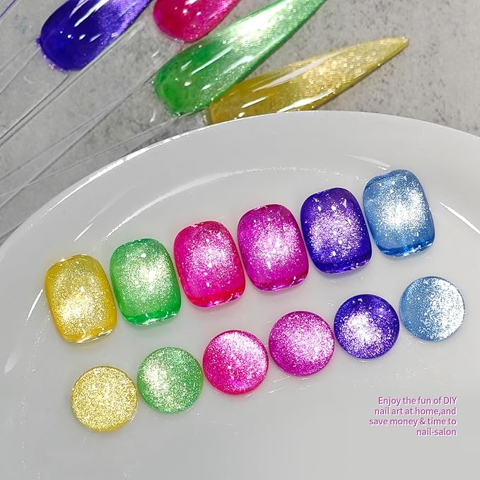 Born Pretty Cat Magnetic Eye Gel Nail Polish Spring Summer Neon Shimmer Glitter Holographic Cat Magnetic Eye Gel Crystal Glass Cat Magnetic Gel Polish Nail Art Manicure DIY at Home 6PCS-VivaGrace Women