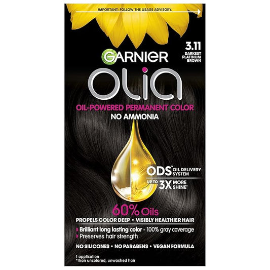 Garnier Hair Color Olia Ammonia-Free Brilliant Color Oil-Rich Permanent Hair Dye, 3.11 Darkest Platinum Brown, 1 Count (Packaging May Vary)-VivaGrace Women