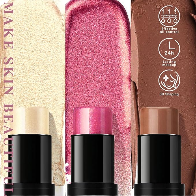 3Pcs Contour Highlighter Cream Blush Stick for Cheeks Eyes Lips Lightweight Dewy Finish Blush Stick Waterproof Long Lasting Contour Stick Trio Wand Face Makeup Set for Girls and Women (1+3+4)-VivaGrace Women