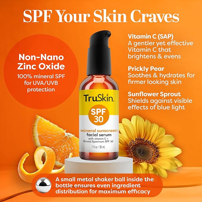 TruSkin Sunscreen Serum for Face – SPF 30 Universal Tinted Mineral Sunscreen Face Serum – Lightweight Transparent Finish – Zinc Oxide, Vitamin C, Hyaluronic Acid, Ceramides, All Skin Types, 1 fl oz-VivaGrace Women
