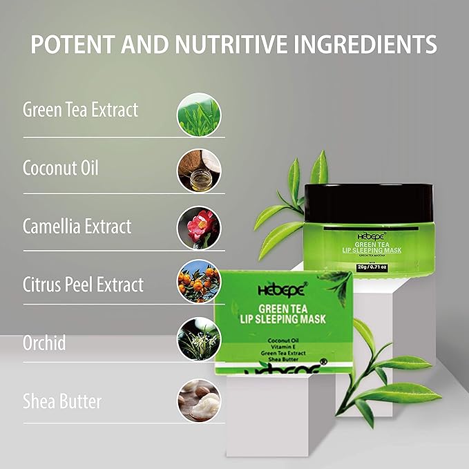 Green Tea Matcha Lip Sleeping Mask Overnight with Applicator, Dry Lips Treatment with Coconut Oil, Vitamin E, Fig Extract, Orchid, and Shea Butter, Moisturizer for Dry, Chapped, Cracked Lips-VivaGrace Women