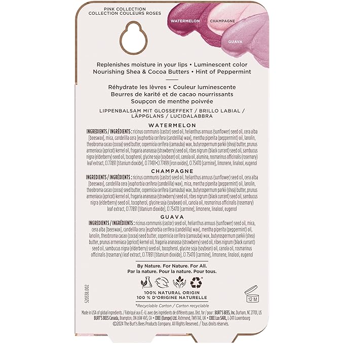 Burt's Bees Lip Shimmer Pink Collection, Tinted Lip Balm Stick, Moisturizing for All Day Hydration with Natural Glowy Pigmented Finish & Buildable Color, 3 Shades; Value Pack, 3 Tubes x 0.09 Oz-VivaGrace Women