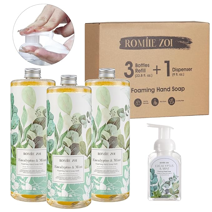 Eucalyptus & Mint Scented Foaming Hand Soap Refill Gift Set - 3 Pack with Dispenser, Non-Toxic and Biodegradable Formula, Moisturizing Essential Oils for Sensitive Skin (33.8 Fl Oz x 3)