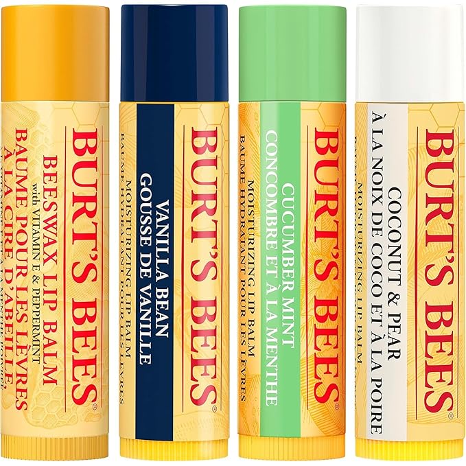 Burt's Bees Holiday Gift, 4 Lip Balms Stocking Stuffer, Assorted Mix Set, Classic Beeswax, Vanilla, Cucumber Mint & Coconut And Pear-VivaGrace Women