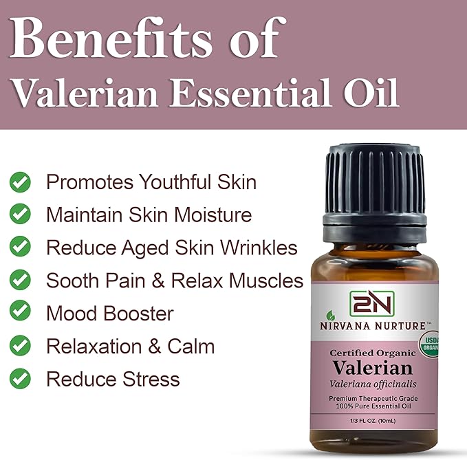 Valerian Essential Oil USDA Certified Organic 100% Pure Premium Therapeutic Grade, Undiluted - Aromatherapy Diffuser for Calm and Relaxation, Skin Care, Hair Care-VivaGrace Women