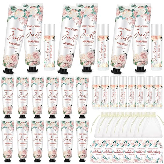 25 Set Wedding Lip Balms and Hand Cream Gift Set Include 25 Moisturizing Hand Care Cream 25 Lip Balms with Thank You Cards and Bags Bridesmaid Gift Set for Bridal Shower Wedding(Floral)-VivaGrace Women